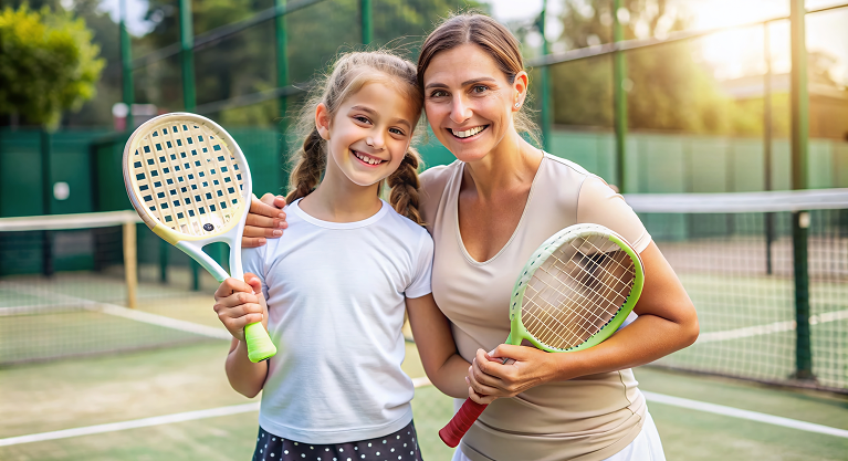 Mère et fille avec raquettes de padel